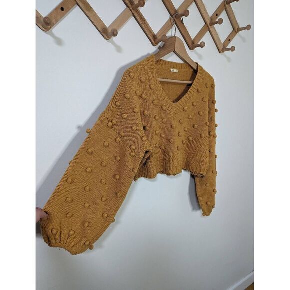 En Creme Mustard Yellow Boho Crop Knit Bobble V-Neck Sweater - Size S - Picture 2 of 6